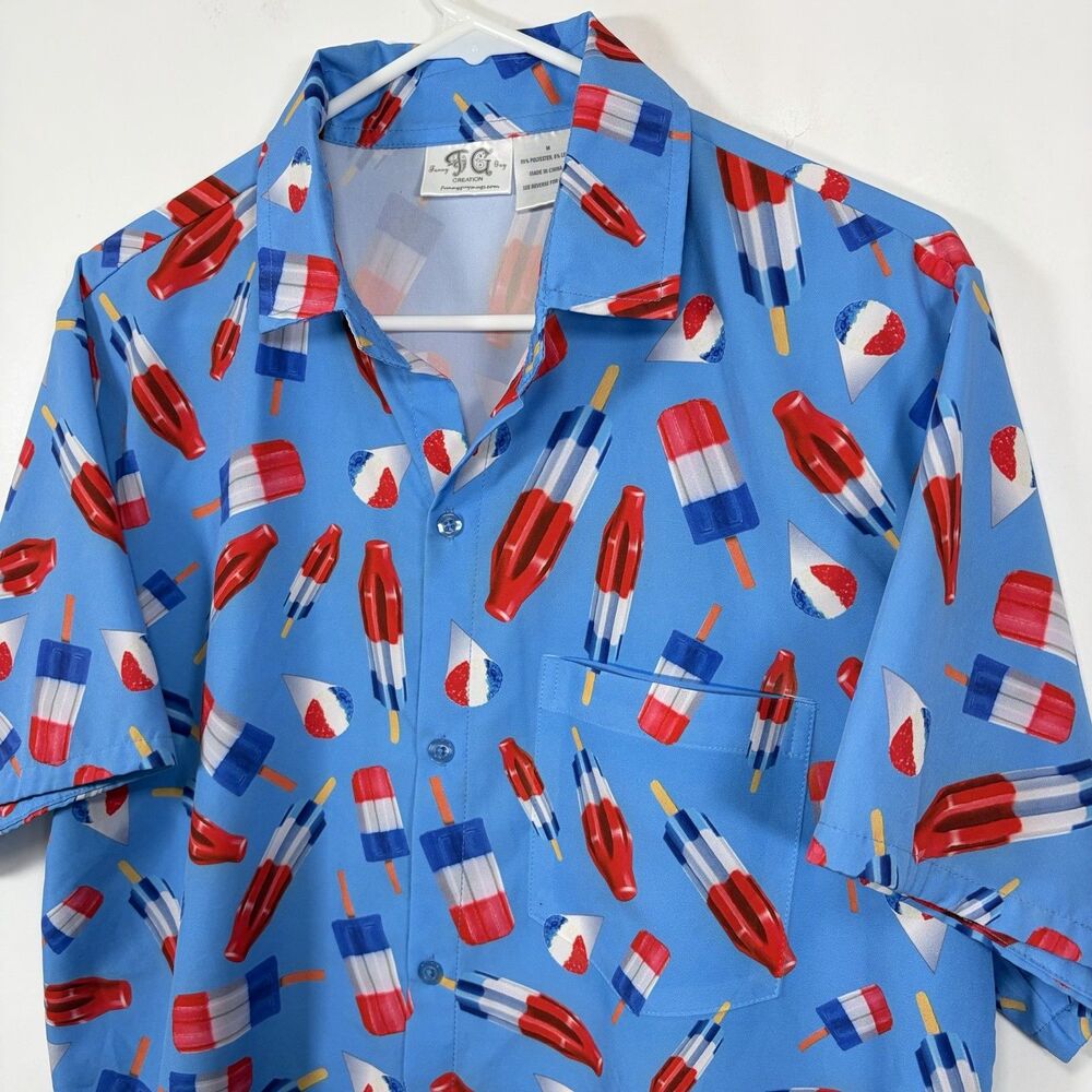 Funny Guy Creation Button Up Hawaiian Shirt Mens Medium Blue Popsicle AOP USA